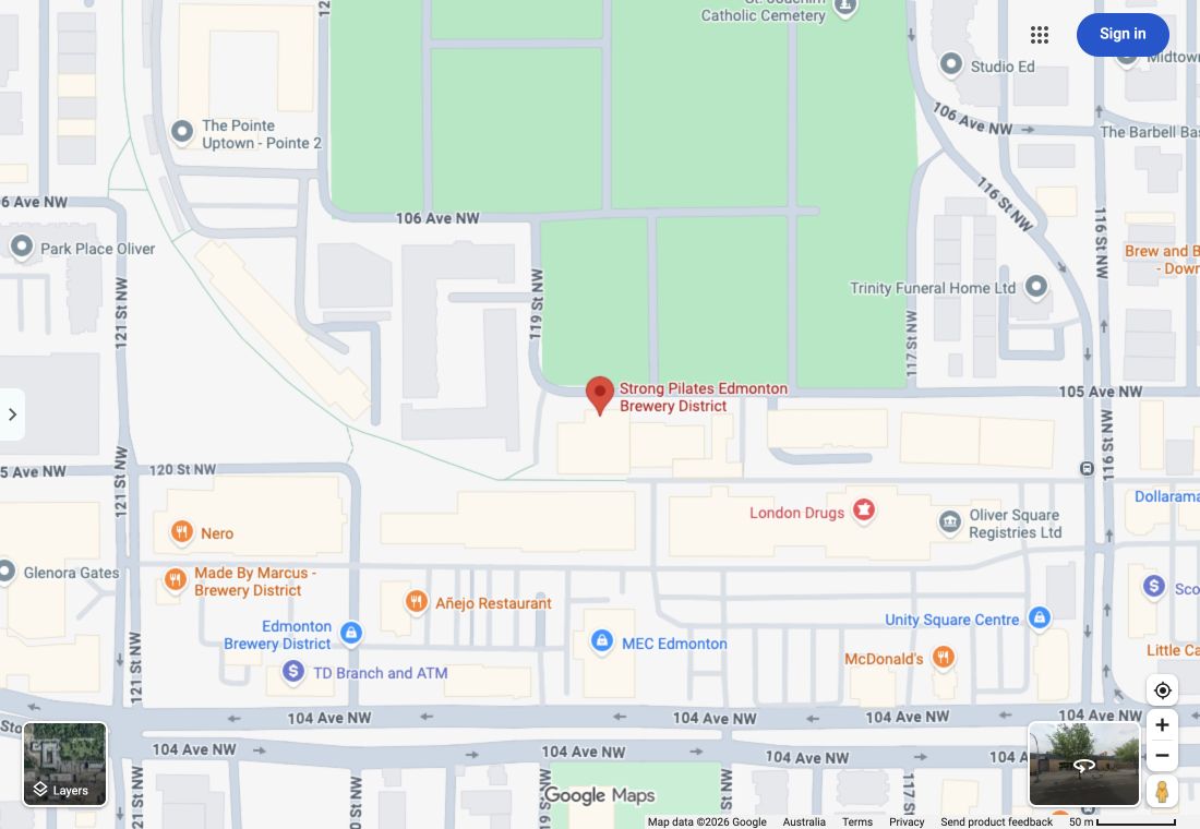 Google Maps preview showing the STRONG Pilates Edmonton Brewery District pin on 105 Avenue NW